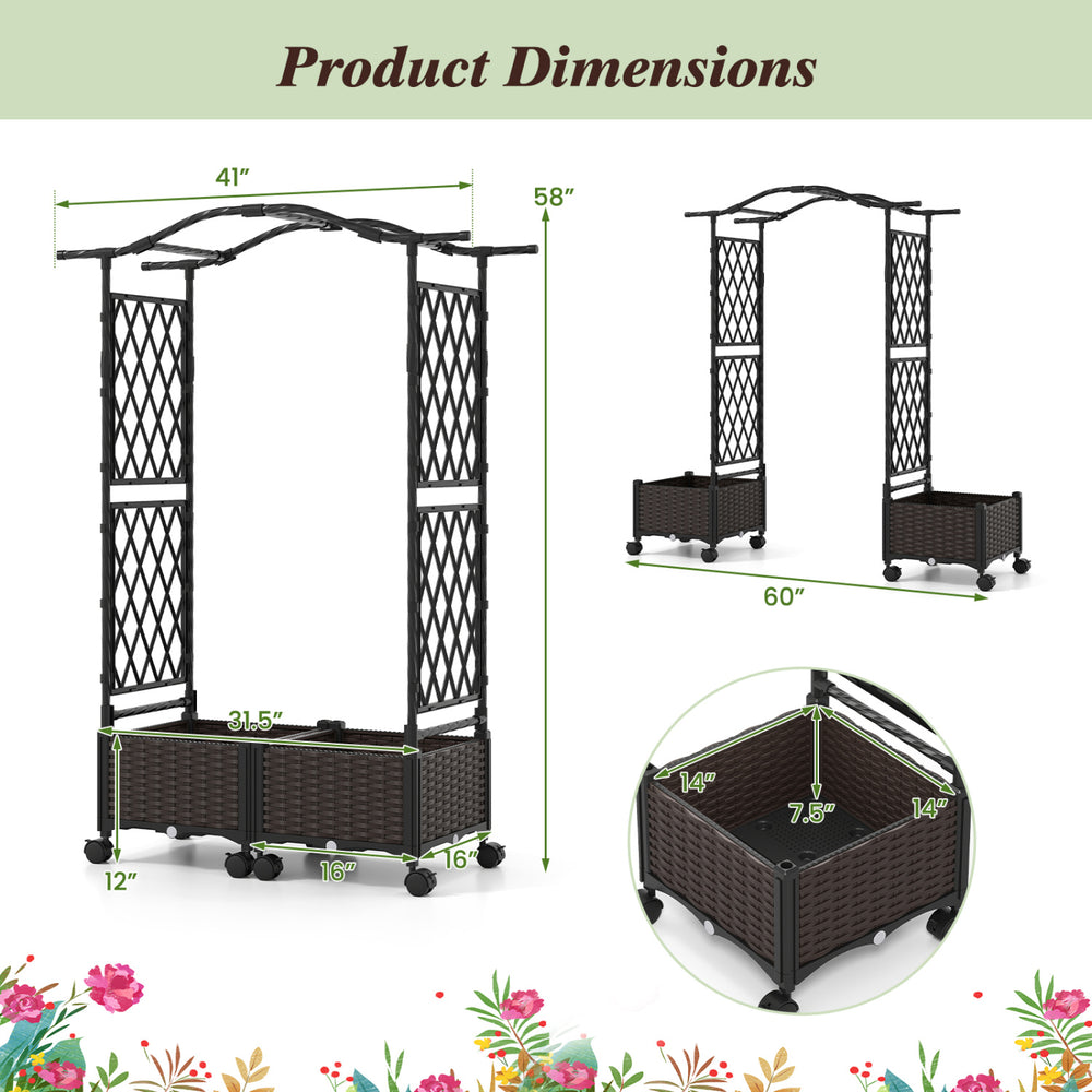 Self-watering planter boxes with lattice trellis and roof, brown, featuring lockable wheels for easy movement.