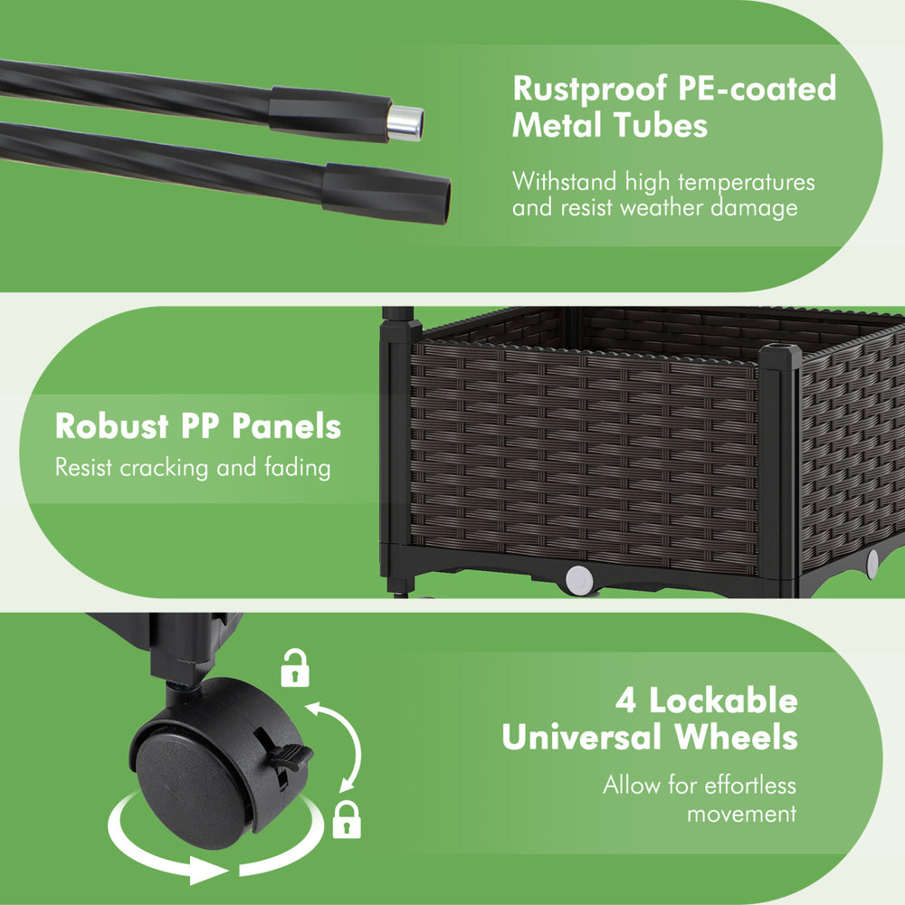 Self-watering planter box with lattice trellis and roof, featuring rustproof metal tubes and lockable wheels for easy.
