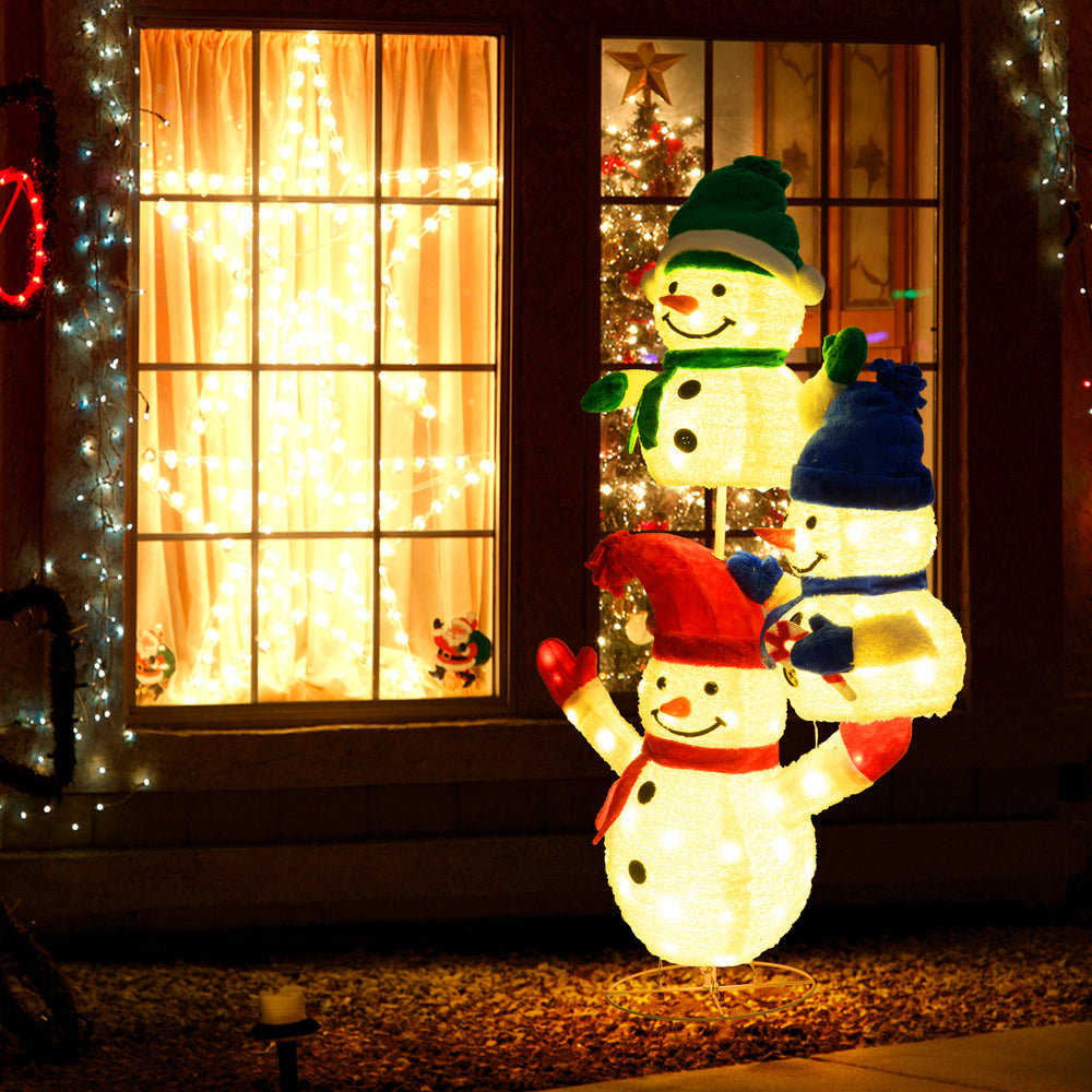 Stacked snowman Christmas decoration with 110 LED lights, featuring hats and scarves, perfect for indoor or outdoor use.
