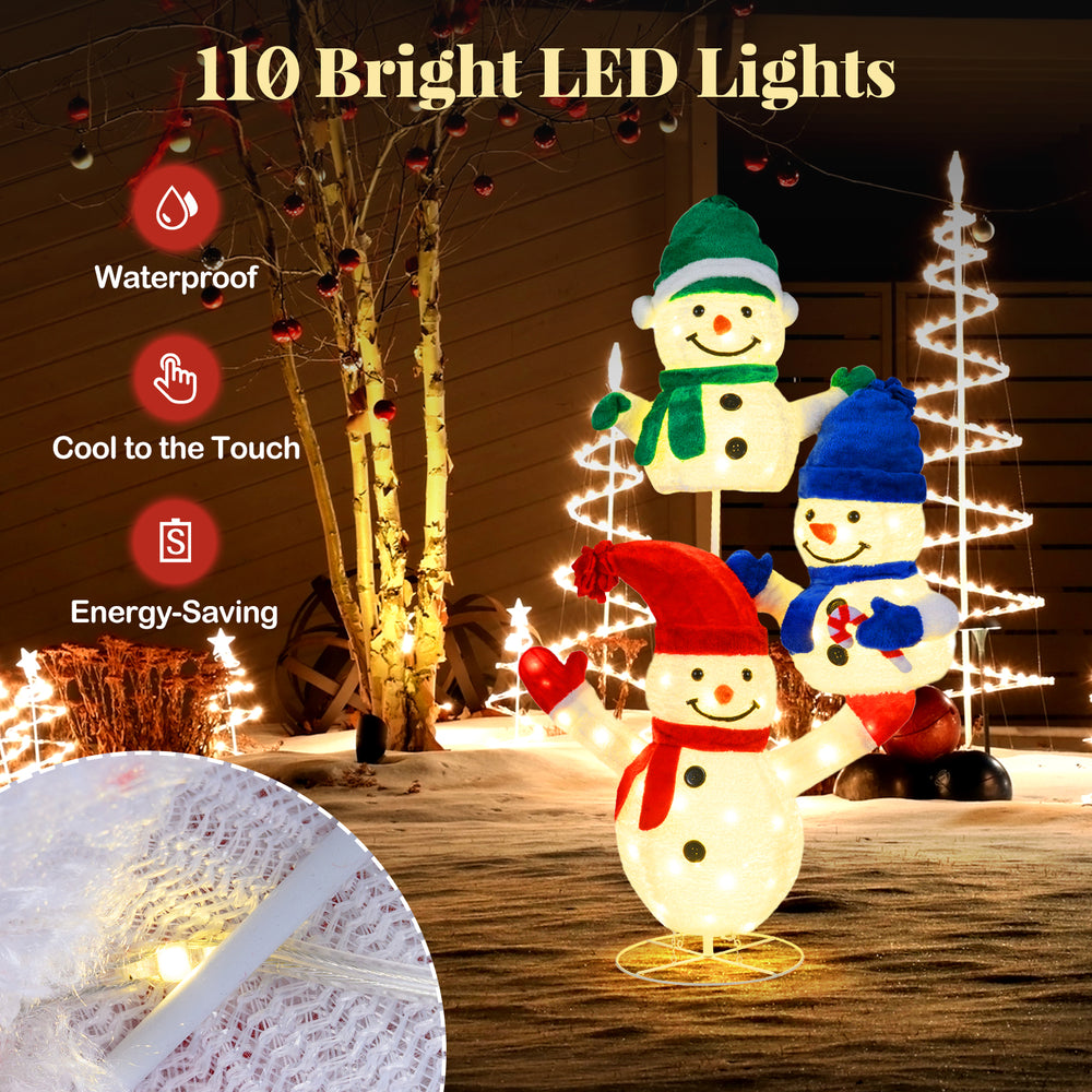 Stacked snowman Christmas decoration featuring 110 LED lights, made with velvet fabric, perfect for indoor and outdoor.