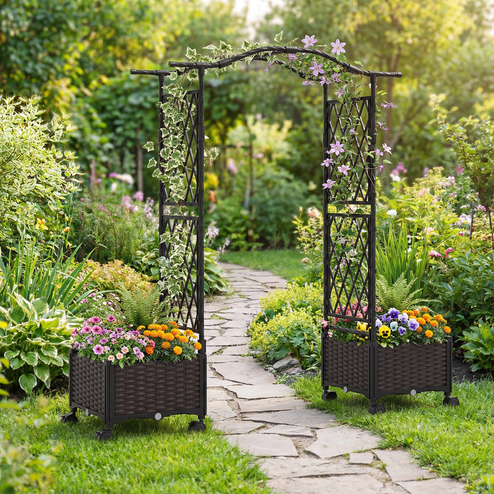 5 FT tall raised garden bed with lockable wheels, featuring a trellis for climbing flowers and two planter boxes for.