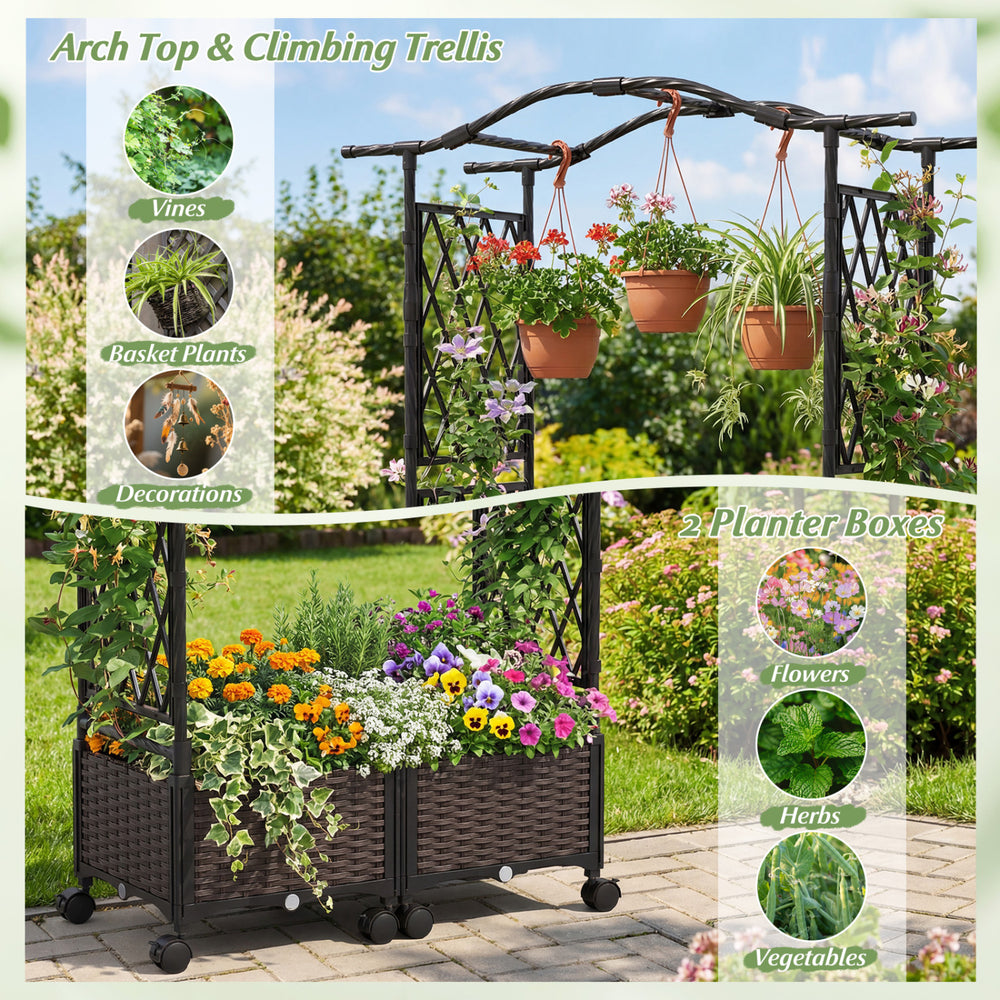 Raised garden bed with lockable wheels, arch top trellis, and two planter boxes for growing flowers and vegetables.