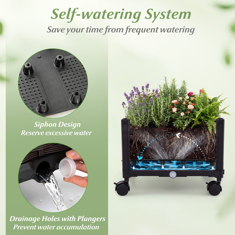 5 FT tall raised garden bed with lockable wheels, self-watering system, and climbing trellis for growing flowers and.
