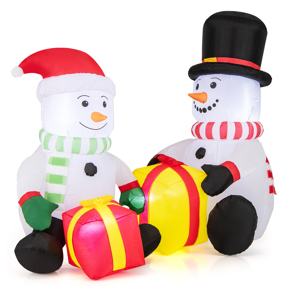 Cute 5-foot inflatable snowmen with gift boxes, pre-lit with LED lights for festive indoor or outdoor holiday decor.