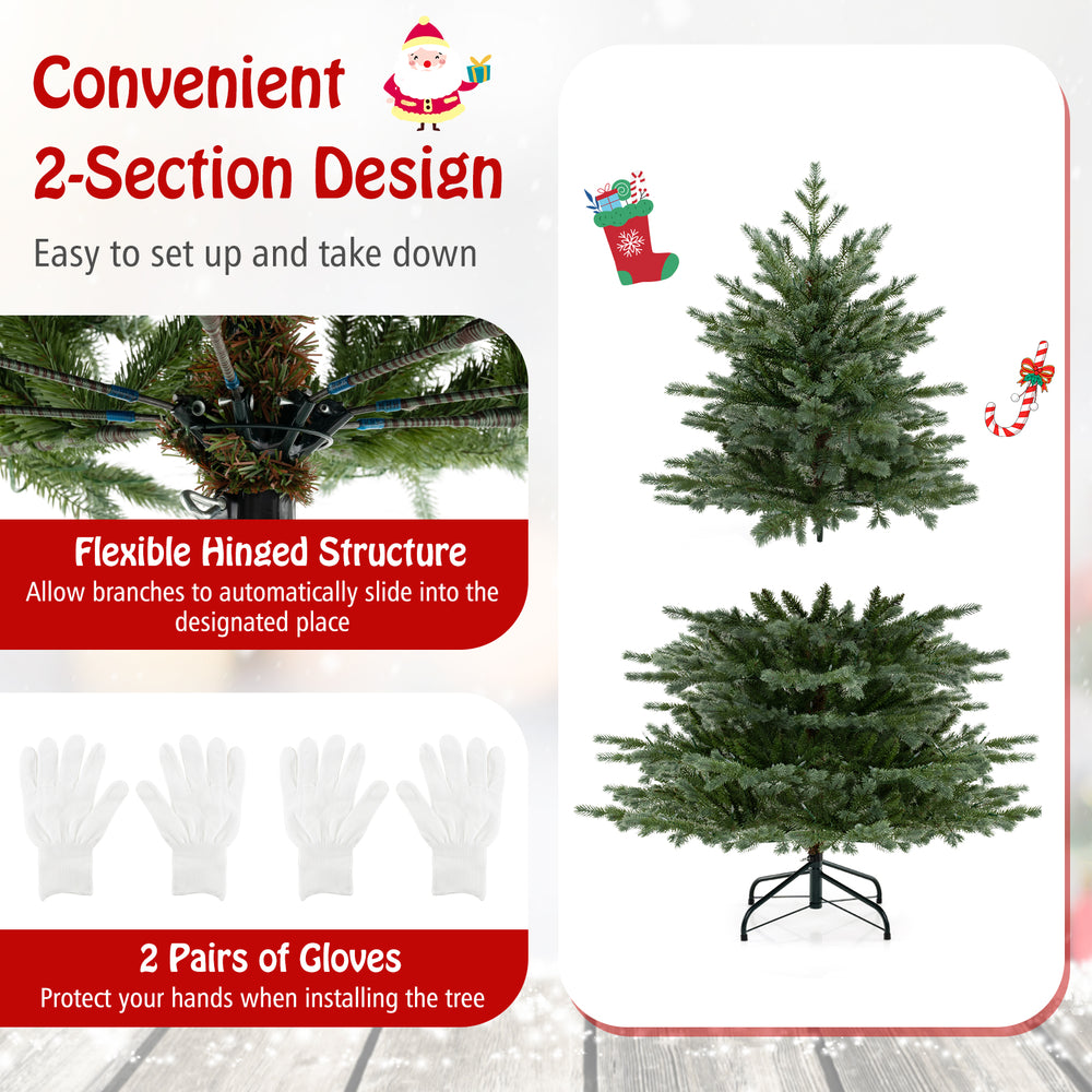 Artificial Christmas tree with 1426 branch tips, warm white LED lights, and flexible hinged design for easy setup.
