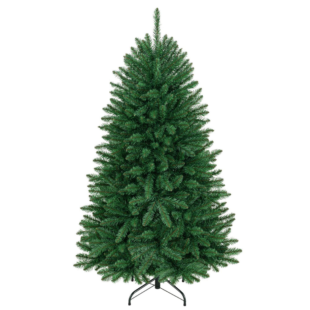 5 feet artificial fir Christmas tree with 600 branch tips, PVC material, and a solid iron base for stability and durability.