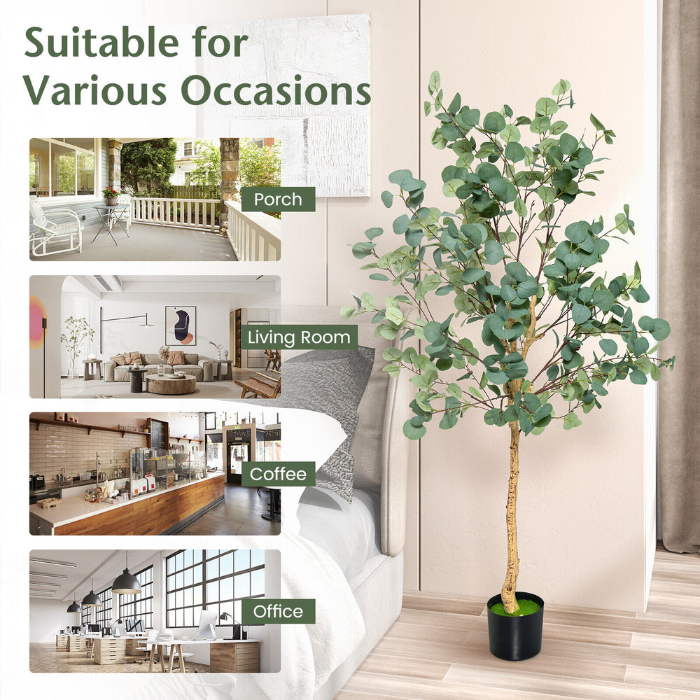 5.5 feet artificial eucalyptus tree with 517 dense leaves, perfect for enhancing living rooms, offices, or porches.