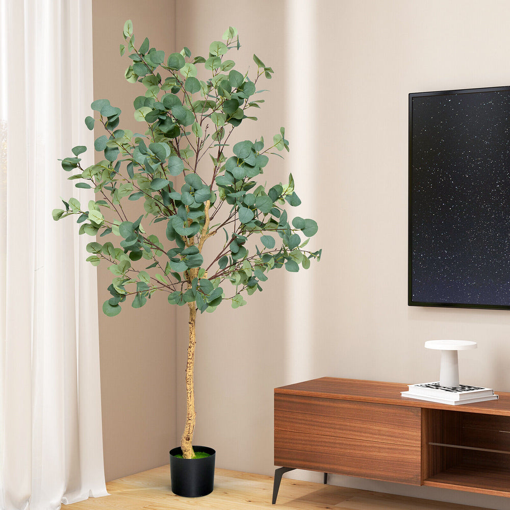 5.5 feet artificial eucalyptus tree with 517 dense leaves, featuring a stable pot for home or office decor.