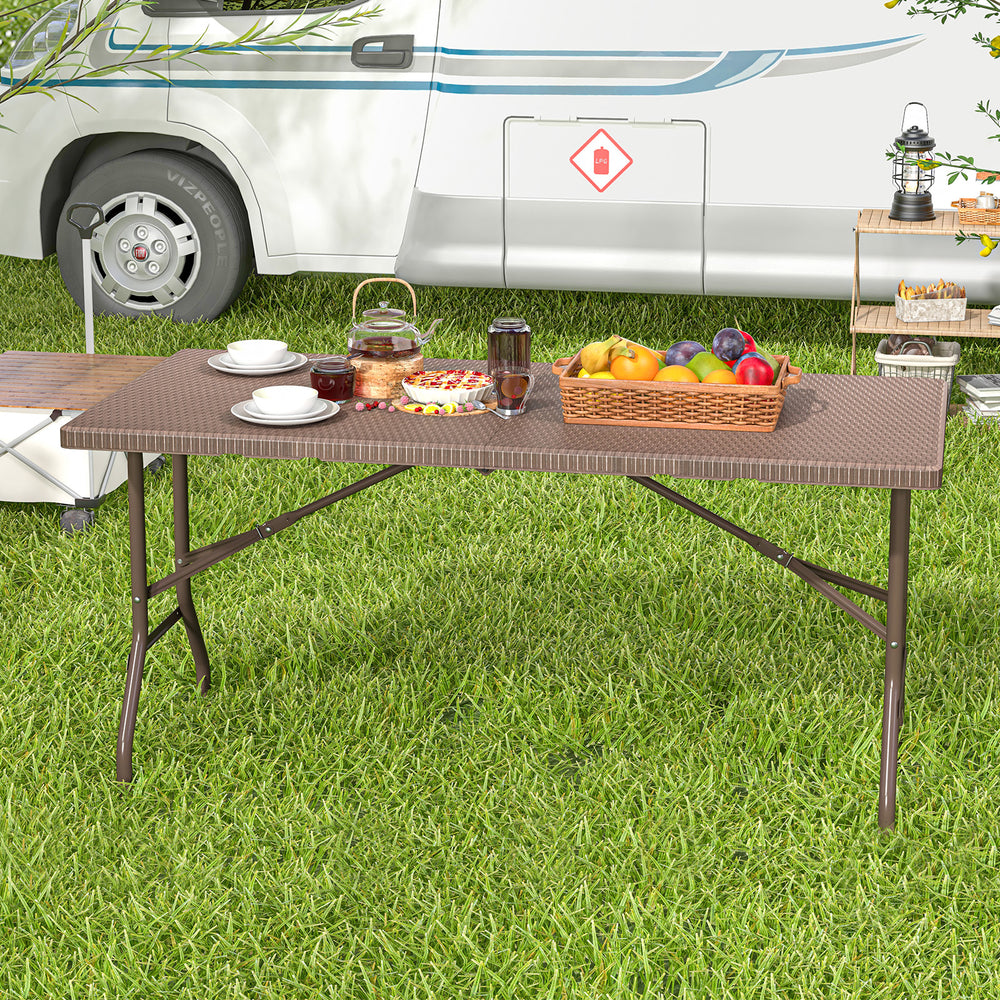 5FT folding picnic table with rattan grain HDPE tabletop, sturdy metal frame, ideal for outdoor gatherings and easy.