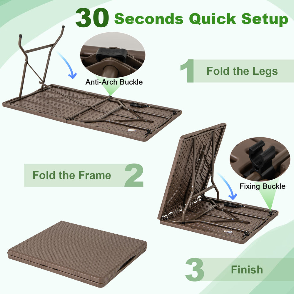 5FT folding picnic table with rattan grain HDPE tabletop, showcasing quick setup steps for easy transport and storage.