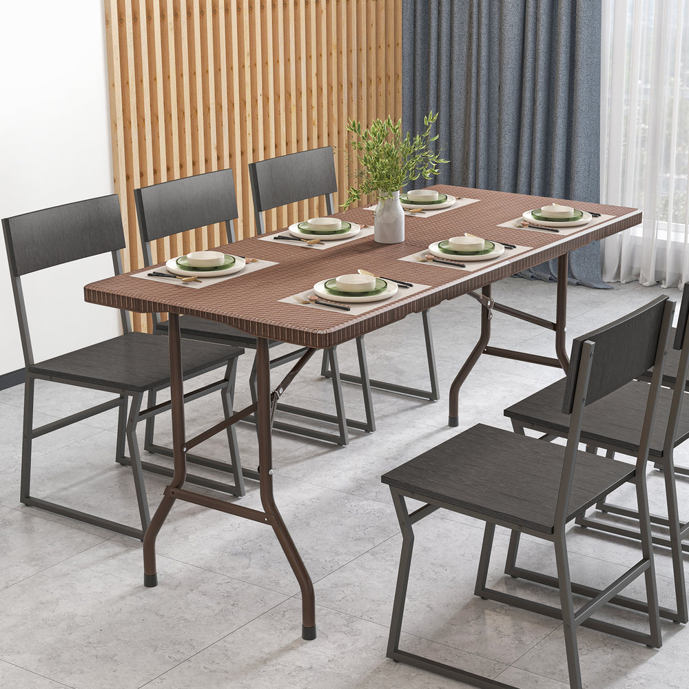 Folding picnic table with rattan grain HDPE tabletop, shown in a dining setup with six chairs, ideal for gatherings.