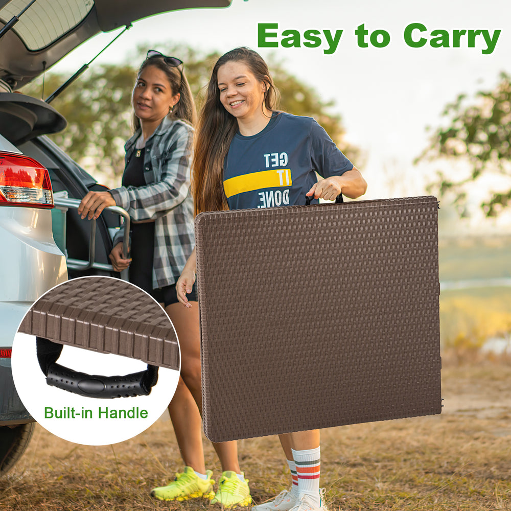 5FT folding picnic table with rattan grain HDPE tabletop, featuring a built-in handle for easy transportation.