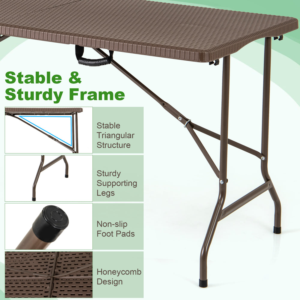5FT folding picnic table with rattan grain HDPE tabletop and sturdy metal frame, ideal for indoor and outdoor use.
