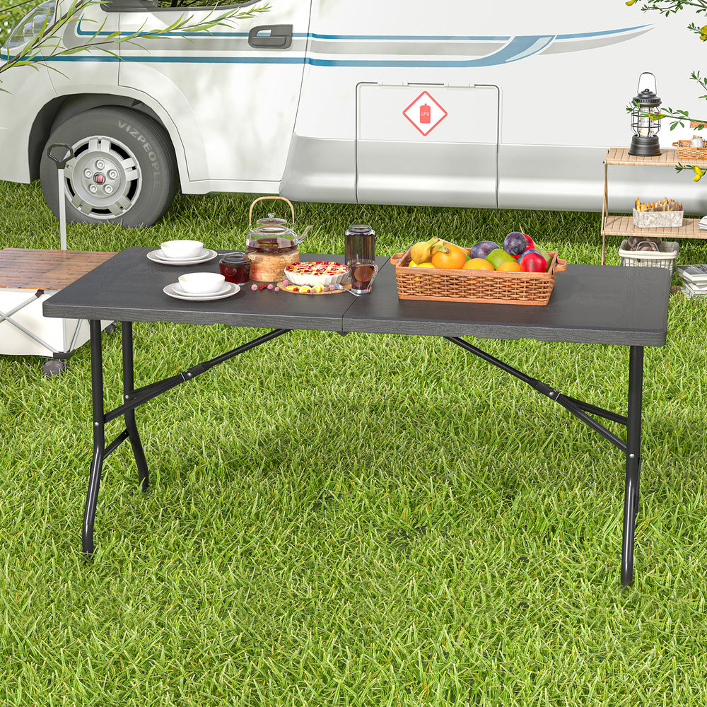 5FT Folding Picnic Table with Wood Grain HDPE Tabletop and  Non-slip Foot Pads-Black - Gallery View 1 of 11