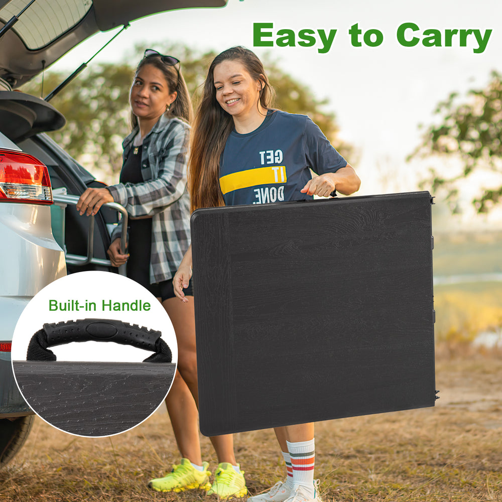 5FT folding picnic table with wood grain HDPE tabletop and built-in handle, ideal for outdoor gatherings and easy.