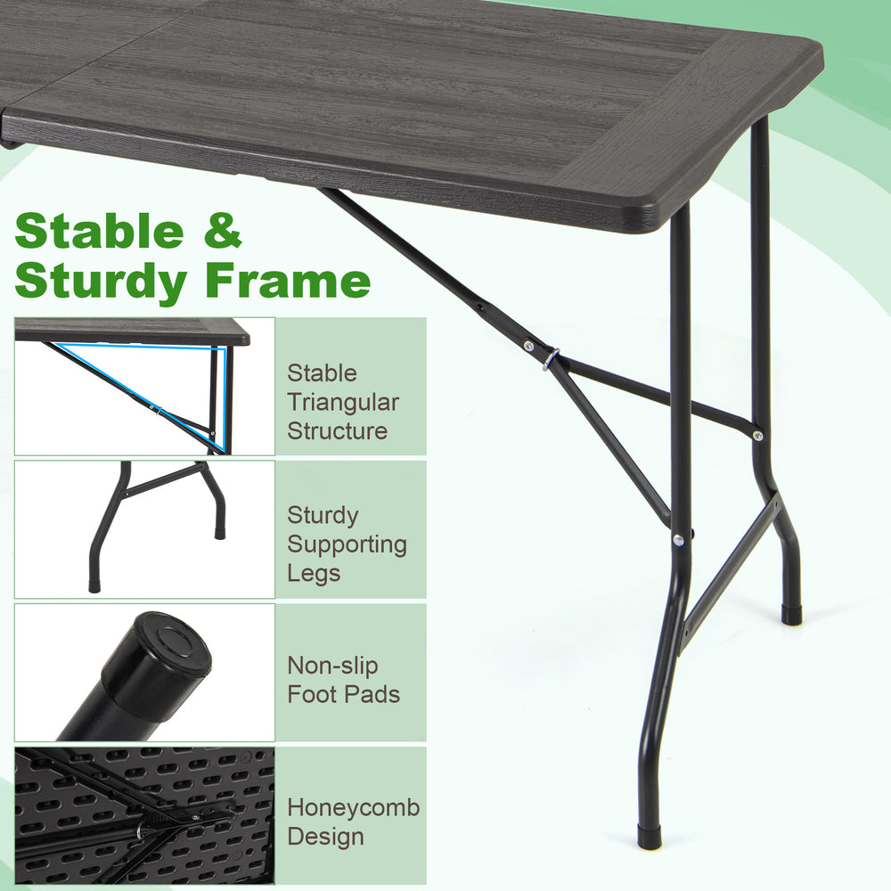 5FT folding picnic table with wood grain HDPE tabletop, stable frame, and non-slip foot pads for indoor and outdoor use.