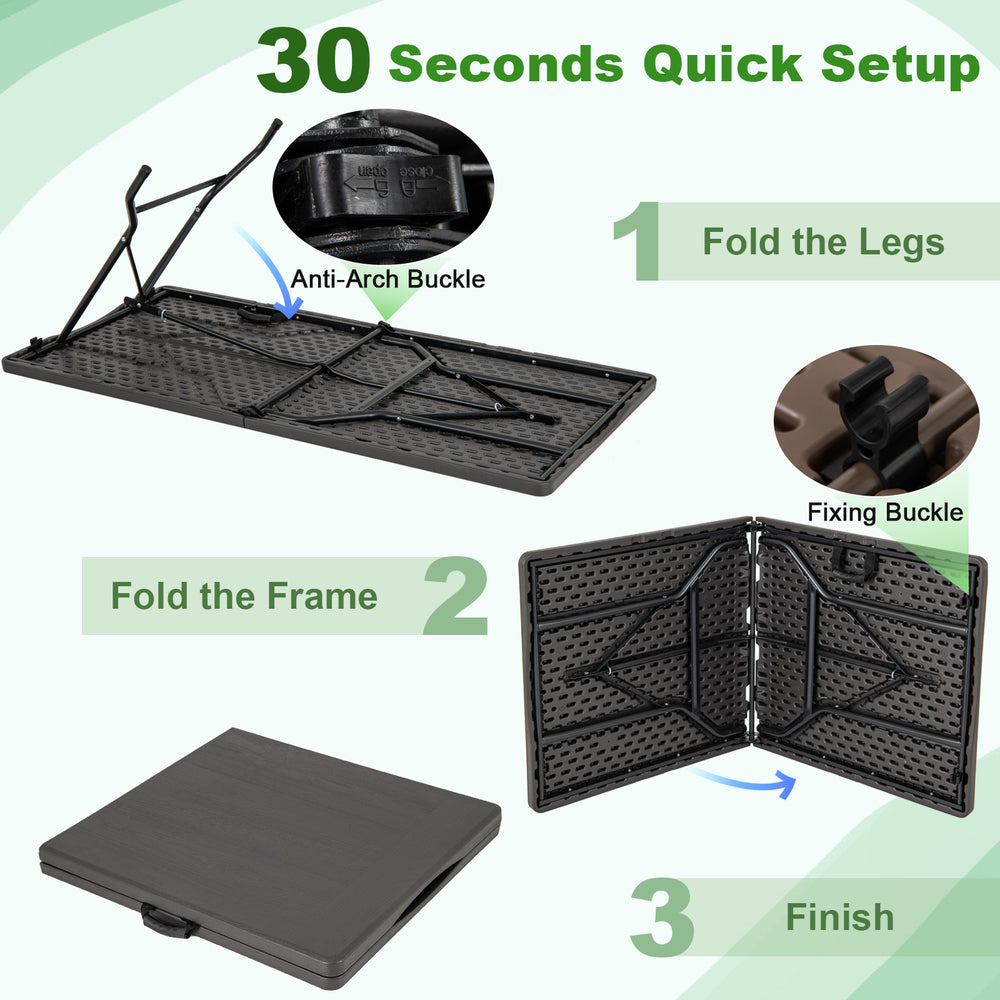 Folding picnic table setup instructions showing legs and frame folding for easy storage and portability.