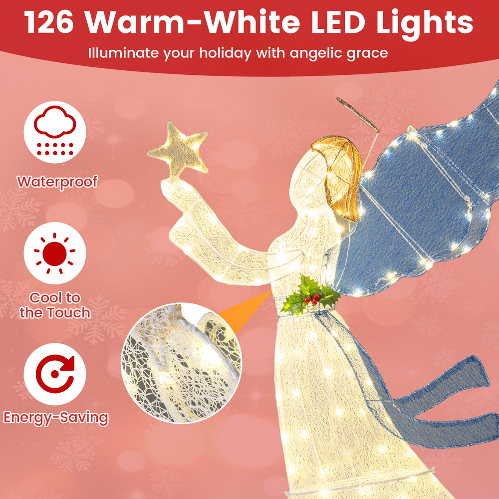 5-foot lighted angel decoration with wings, warm LED lights, and holly accents for festive indoor or outdoor display.