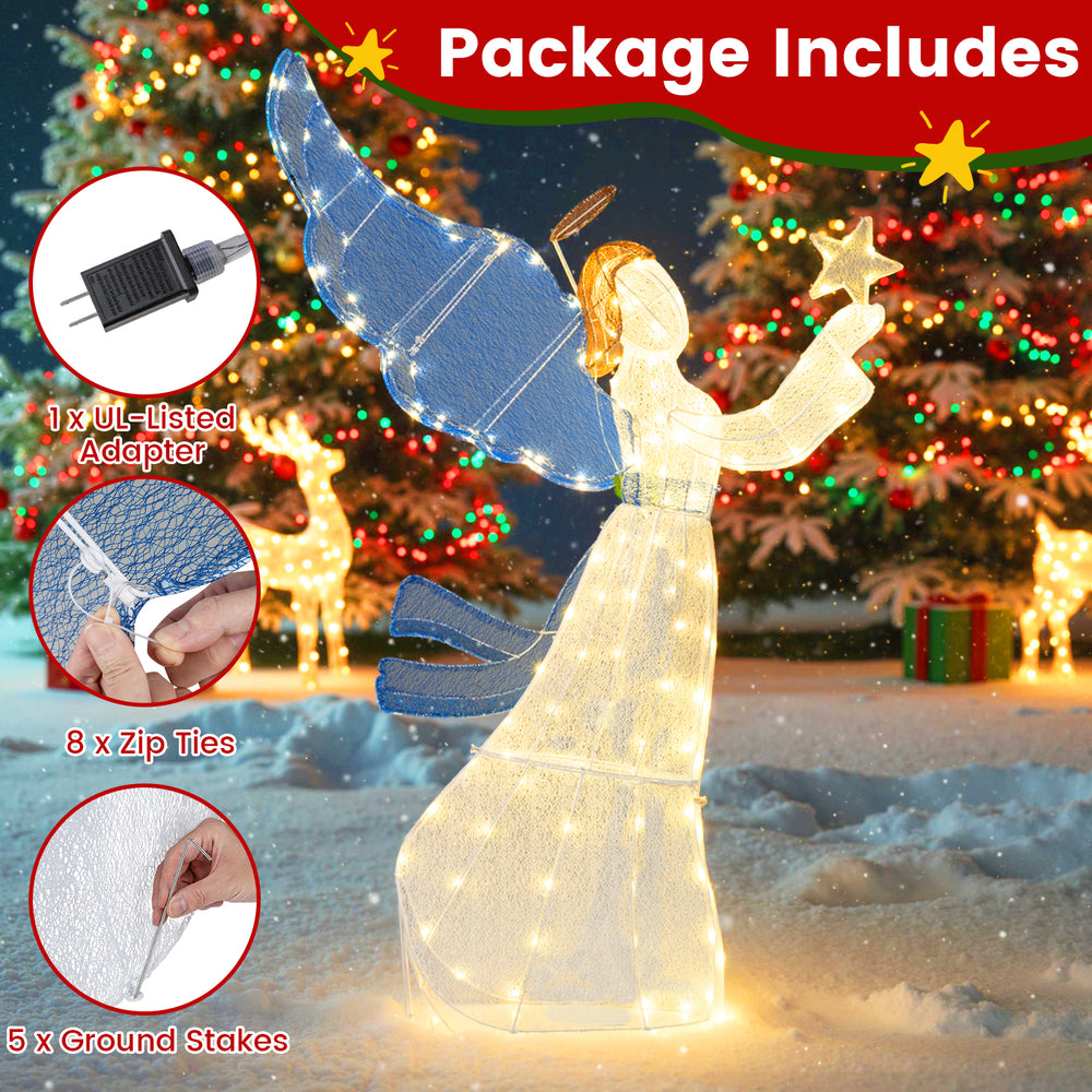 5-foot lighted angel Christmas decoration with wings, warm LED lights, and sturdy metal frame for outdoor use.