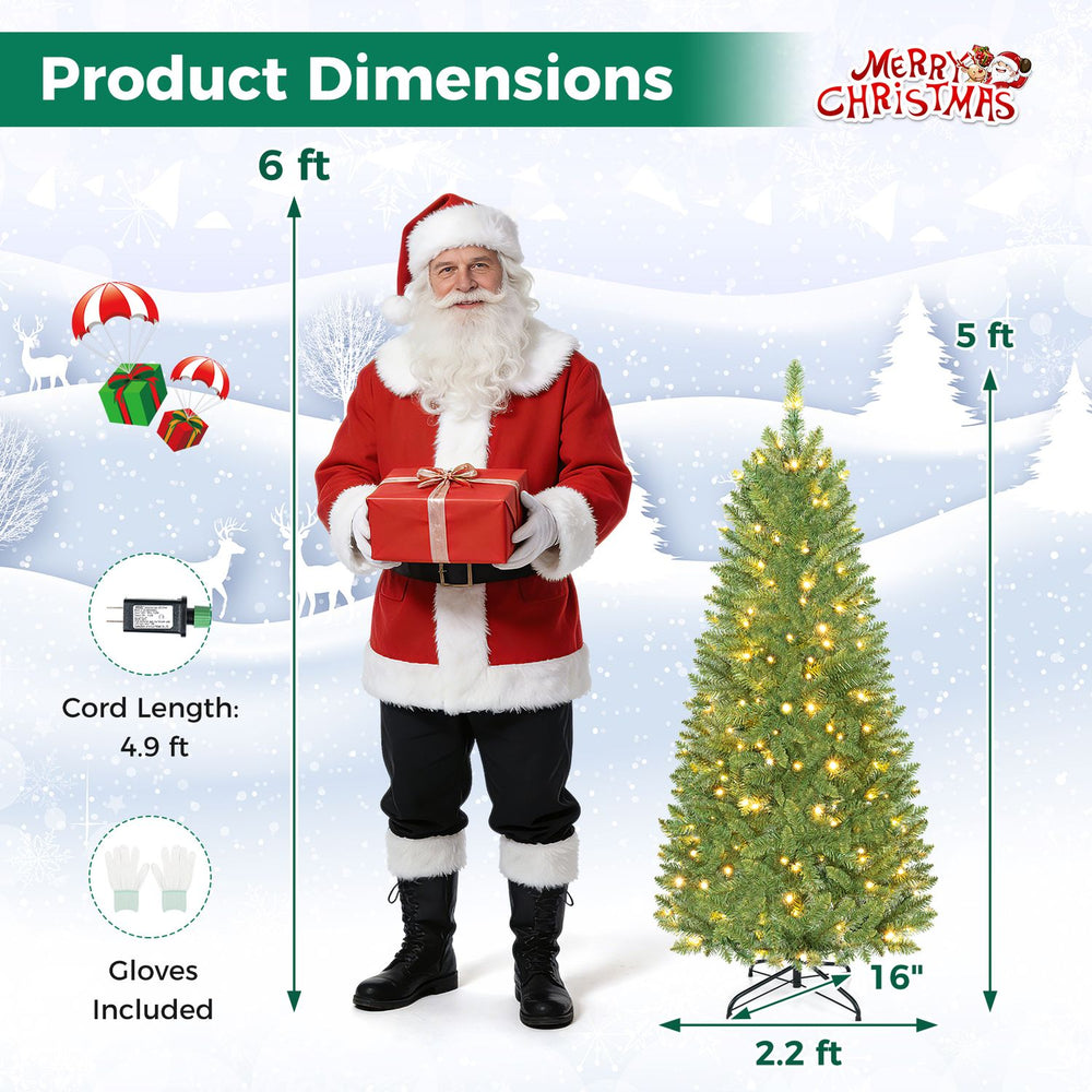 5-foot PVC hinged pre-lit artificial fir pencil Christmas tree with 150 LED lights, ideal for compact spaces and festive decor.