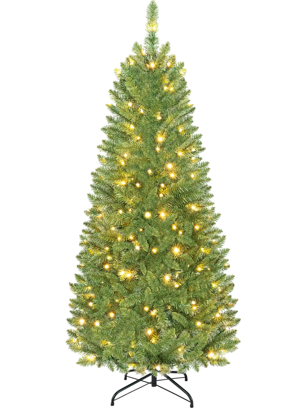 5-foot pre-lit artificial fir pencil Christmas tree with 150 LED lights, perfect for small spaces and festive decoration.