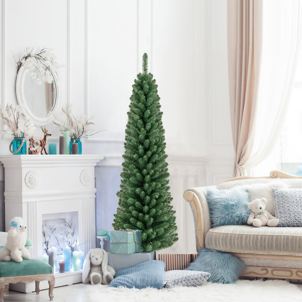 5-foot pencil Christmas tree with 295 memory wire branch tips, set in a cozy living room for festive decor.