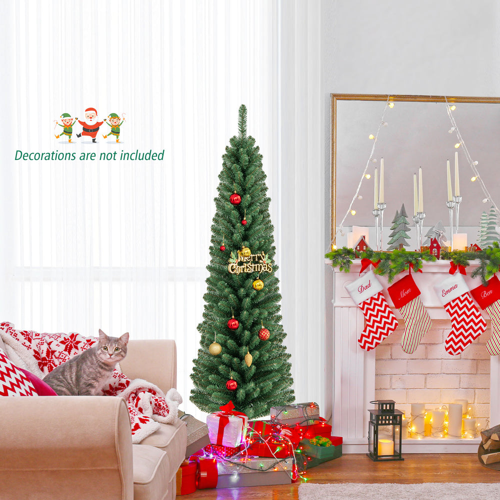 5-foot pencil Christmas tree with 295 branch tips, featuring a sturdy metal stand, ideal for festive home decor.