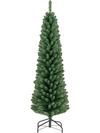 5-foot pencil Christmas tree with 295 branch tips, made of fireproof PVC, featuring a sturdy metal stand for stability.