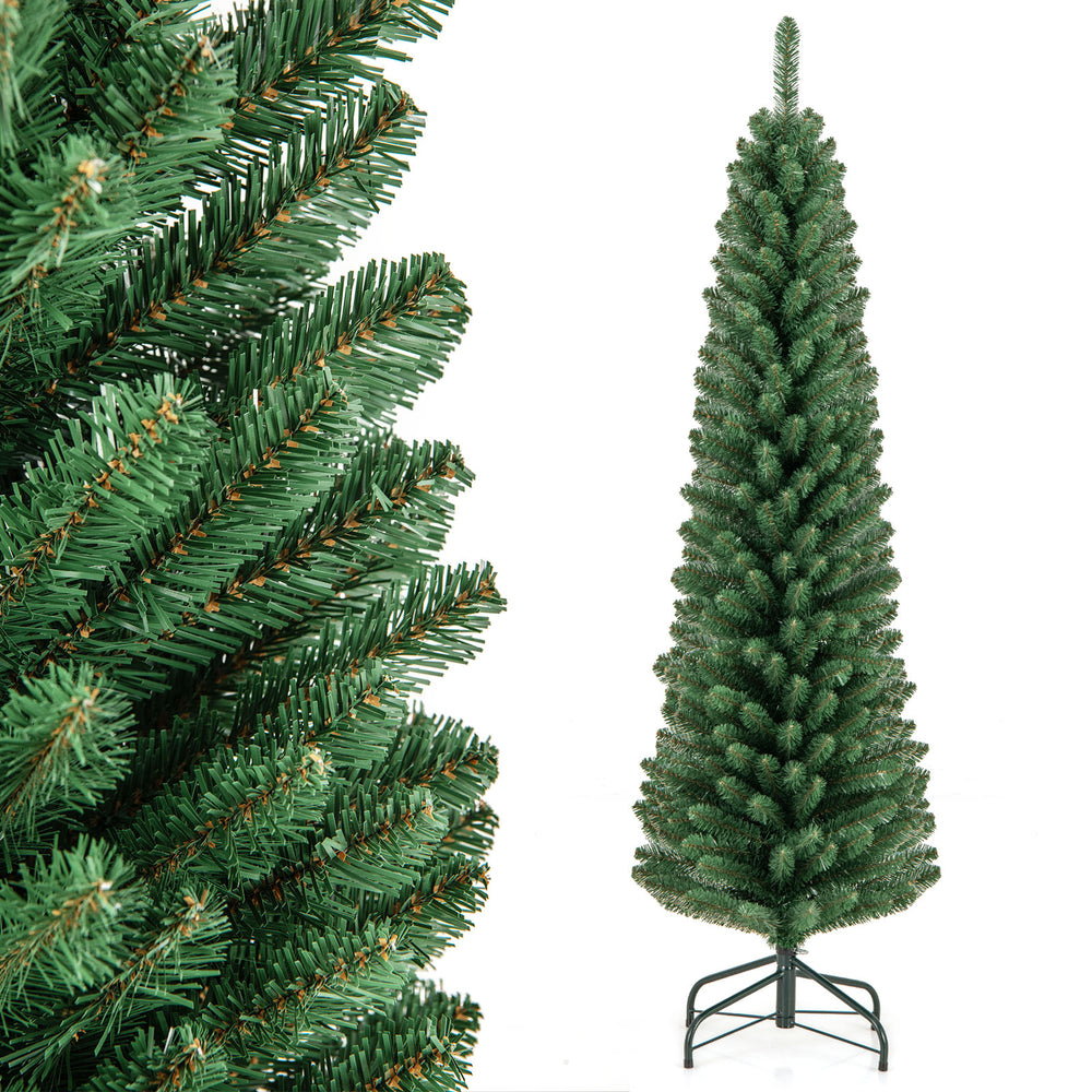 Close-up view of the lush branch tips of a 5-foot Pencil Christmas Tree, showcasing its fireproof PVC material and.