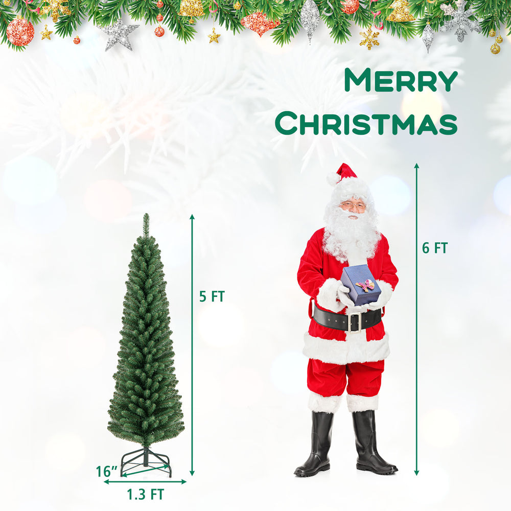5-foot pencil Christmas tree with 295 branch tips and upgraded metal stand, perfect for home or office holiday decor.