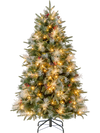 5 feet pre-lit artificial Christmas tree with snow-tipped branches, red berries, and warm white LED lights for festive.