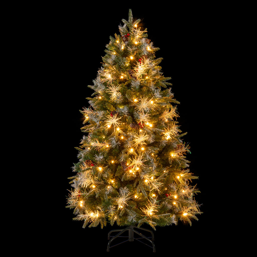 5 feet pre-lit artificial Christmas tree with warm white LED lights, adorned with red berries and snow-tipped branches.