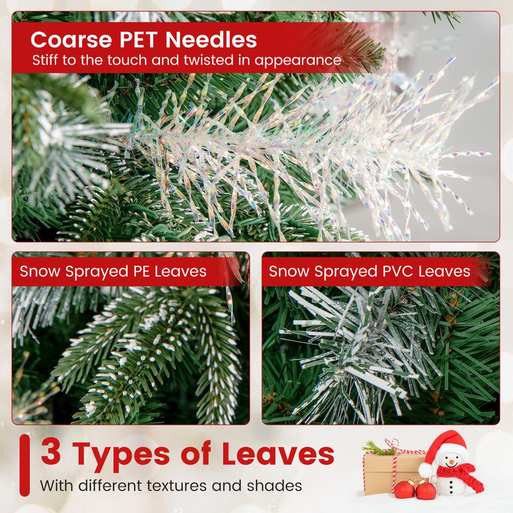 Close-up of 5 feet pre-lit artificial Christmas tree showing coarse PET needles and three types of snow-sprayed leaves.