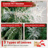 Close-up of 5 feet pre-lit artificial Christmas tree showing coarse PET needles and three types of snow-sprayed leaves.