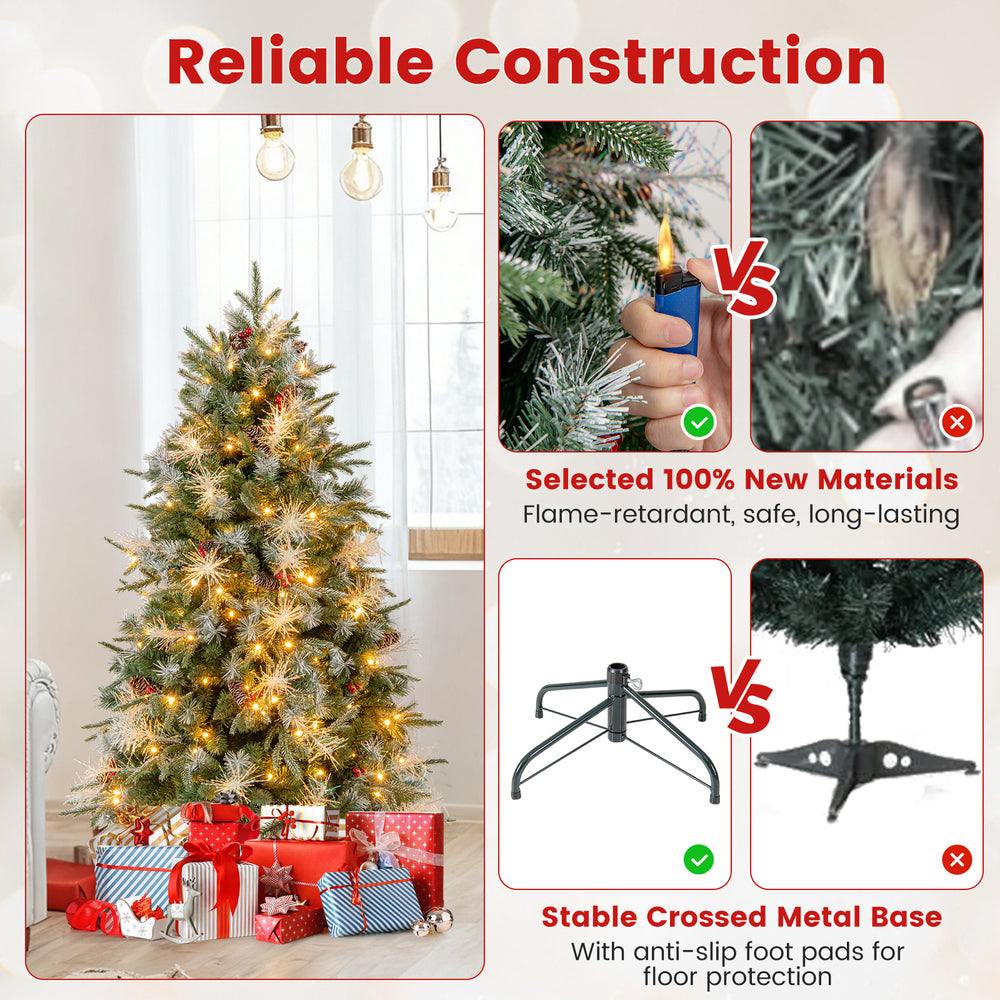 5 feet pre-lit artificial Christmas tree with berries, featuring warm white LED lights and a stable crossed metal base.