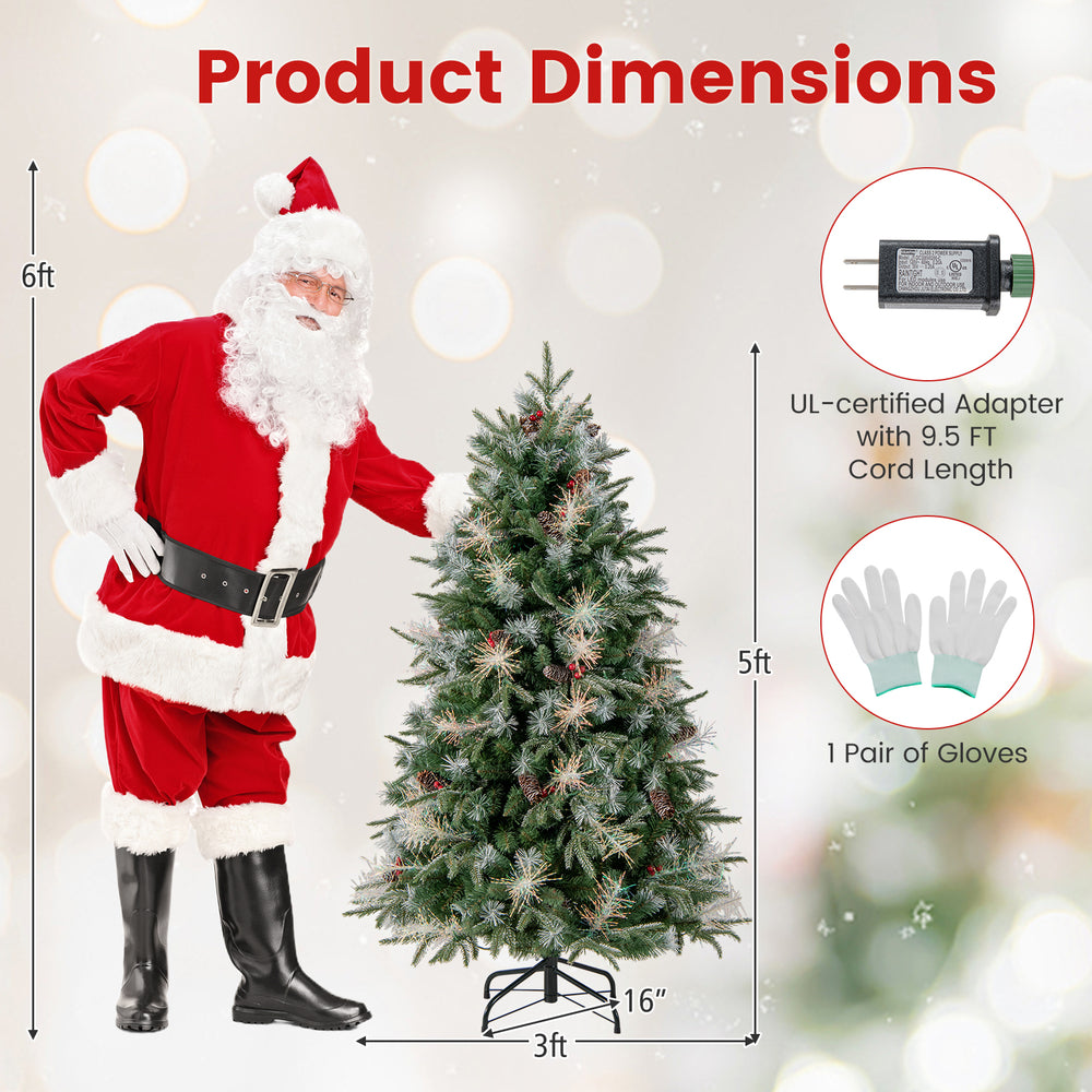 5-foot pre-lit artificial Christmas tree with berries, warm white LED lights, and sturdy metal base for easy setup.