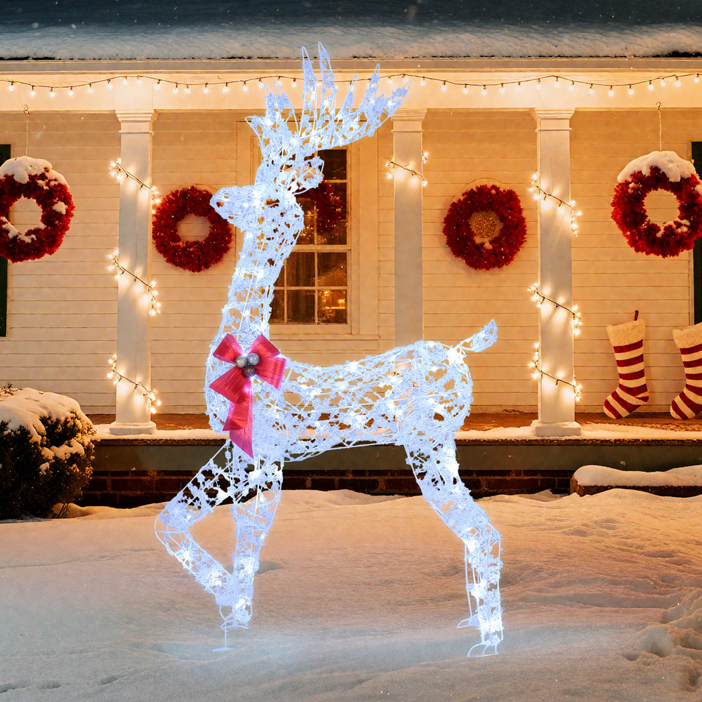 5-foot pre-lit Christmas reindeer with 100 LED lights, featuring antlers and a red bow, perfect for outdoor holiday.