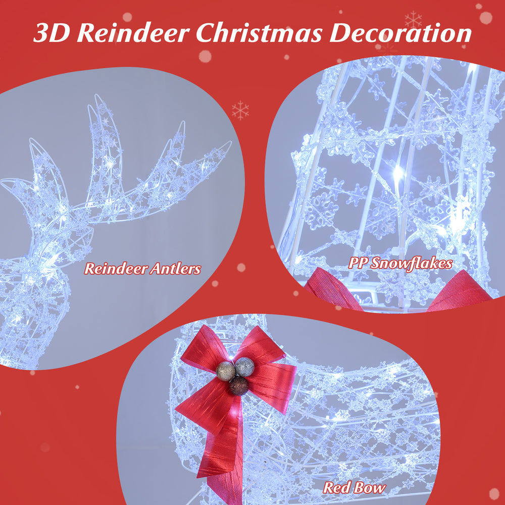 3D reindeer Christmas decoration featuring antlers, red bow, and snowflake accents with 100 LED lights for festive.