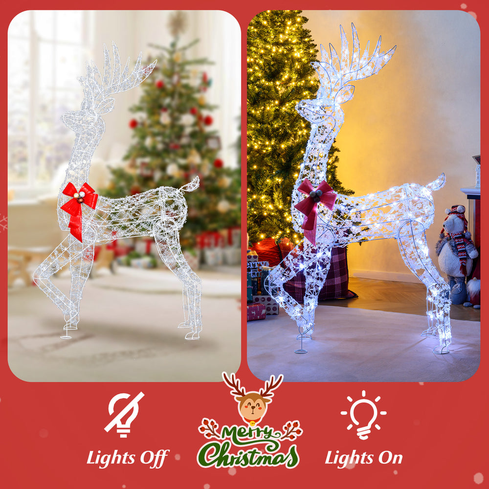5-foot pre-lit Christmas reindeer with 100 LED lights, featuring a red bow and snowflake decorations, suitable for.