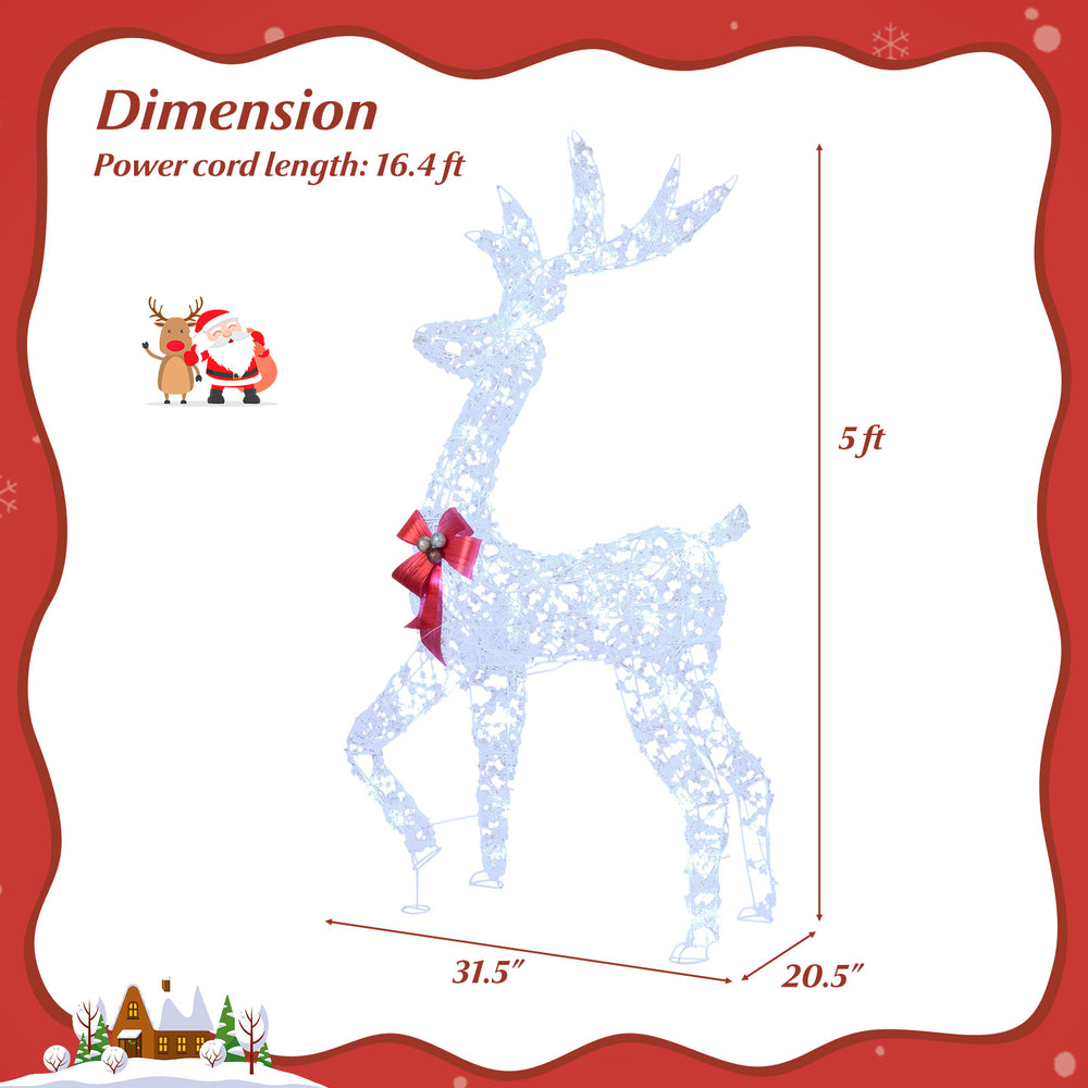 5-foot pre-lit Christmas reindeer with 100 LED lights, featuring antlers, a red bow, and snowflake decorations for.