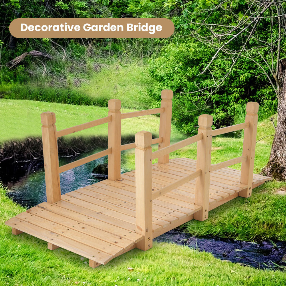 5-foot wooden garden bridge with safety rails, crafted from fir wood, ideal for backyard and garden aesthetics.
