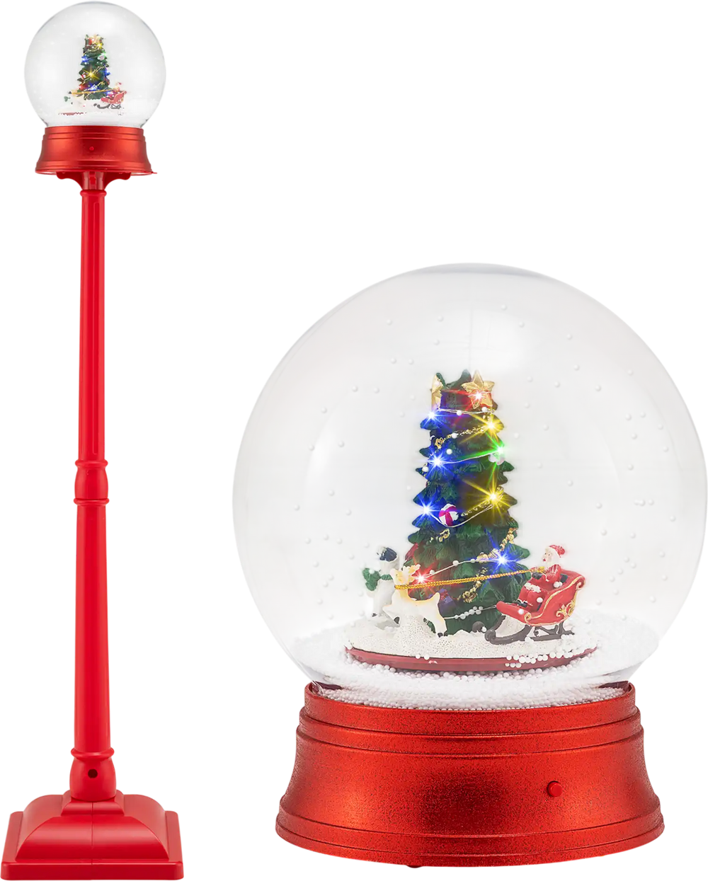 5 Ft red musical Christmas street lamp with swirling snow, 15 LED lights, and 8 classic tunes for festive decor.