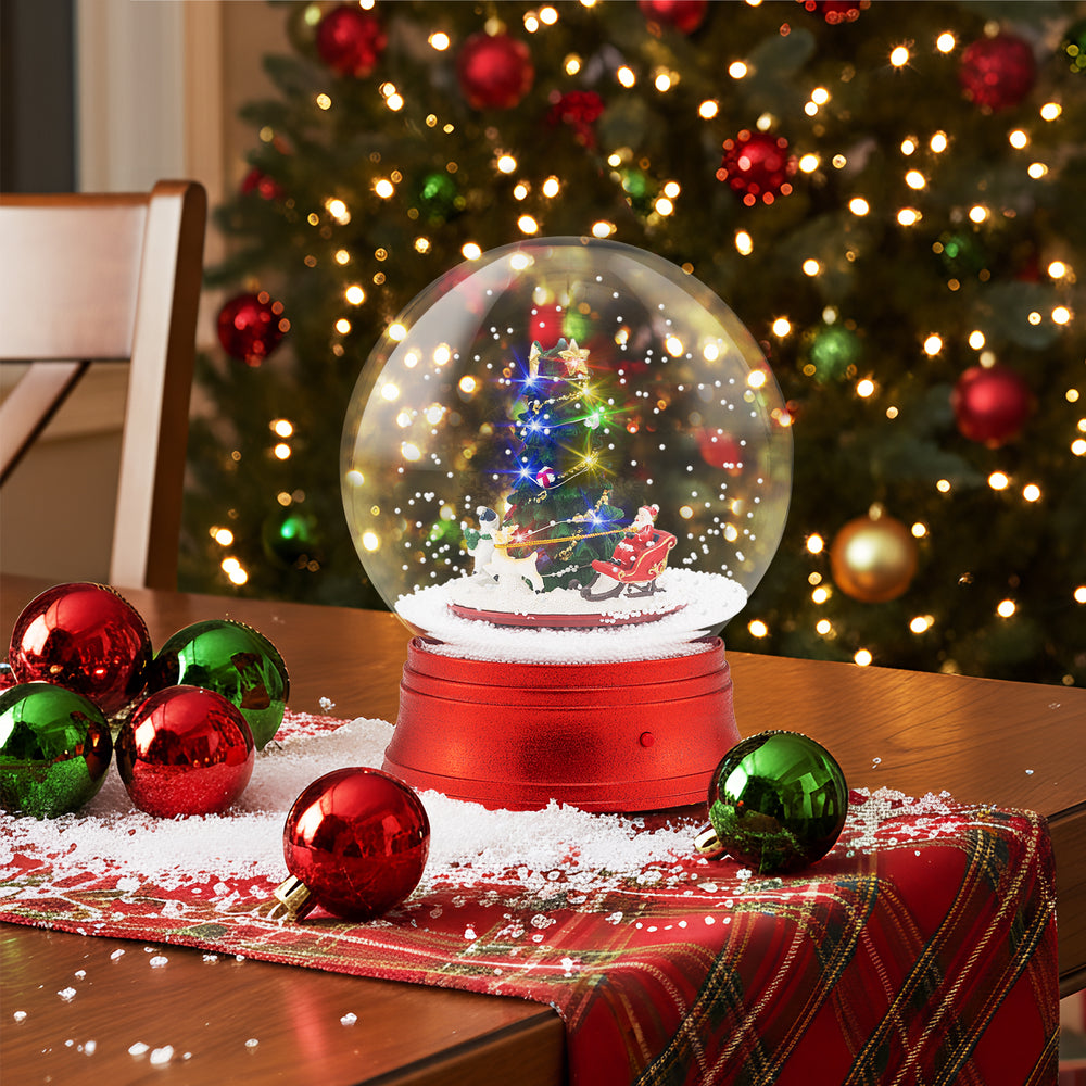Musical Christmas street lamp with rotating Santa and snowman, featuring 15 LED lights and swirling snow for festive.