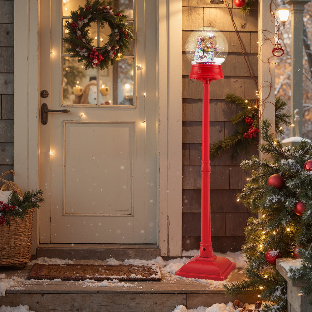 5 ft red musical Christmas street lamp snow globe lantern with Santa and snowman scene, perfect for festive outdoor.