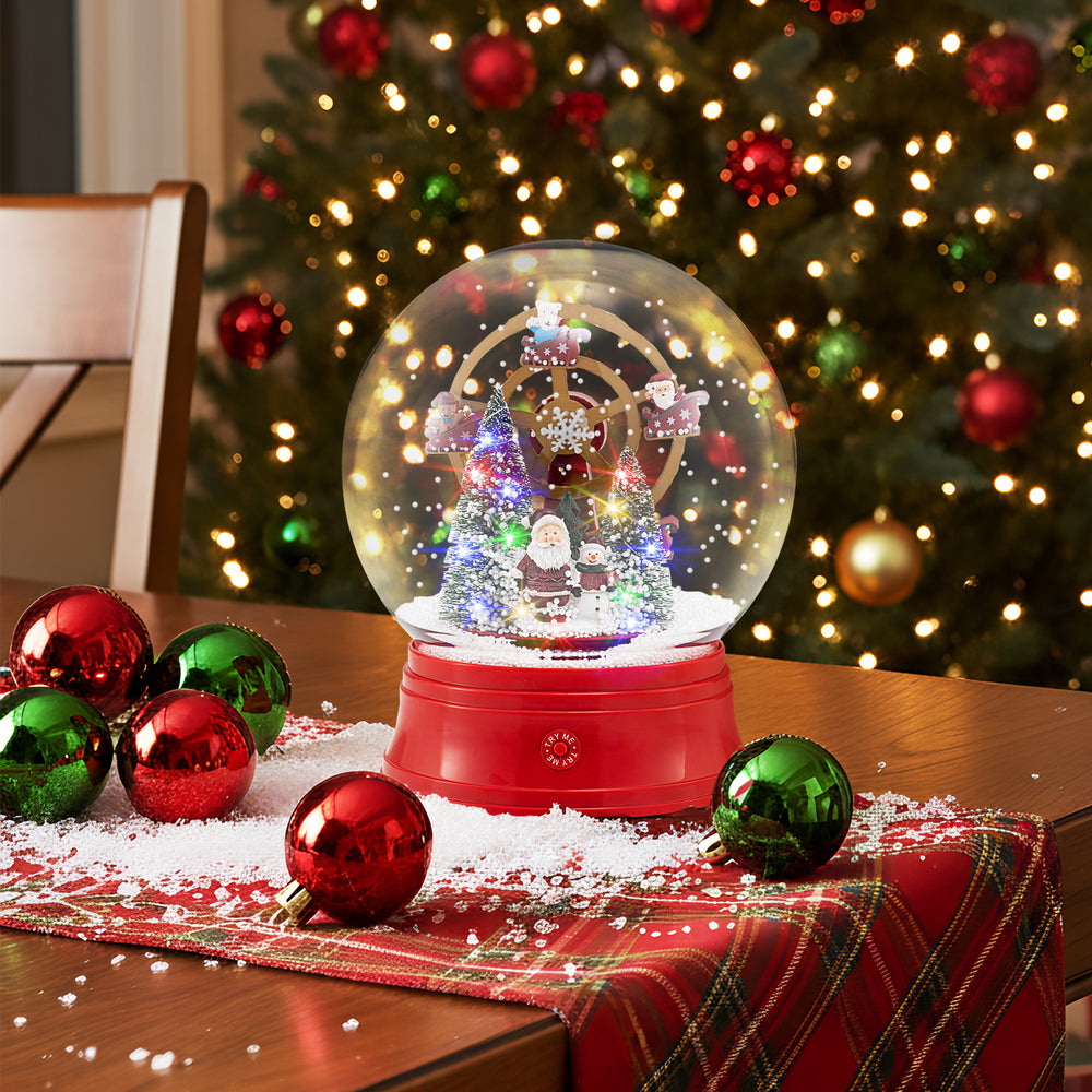 Musical Christmas snow globe lantern with Santa and snowman scene, featuring LED lights for festive tabletop decor.