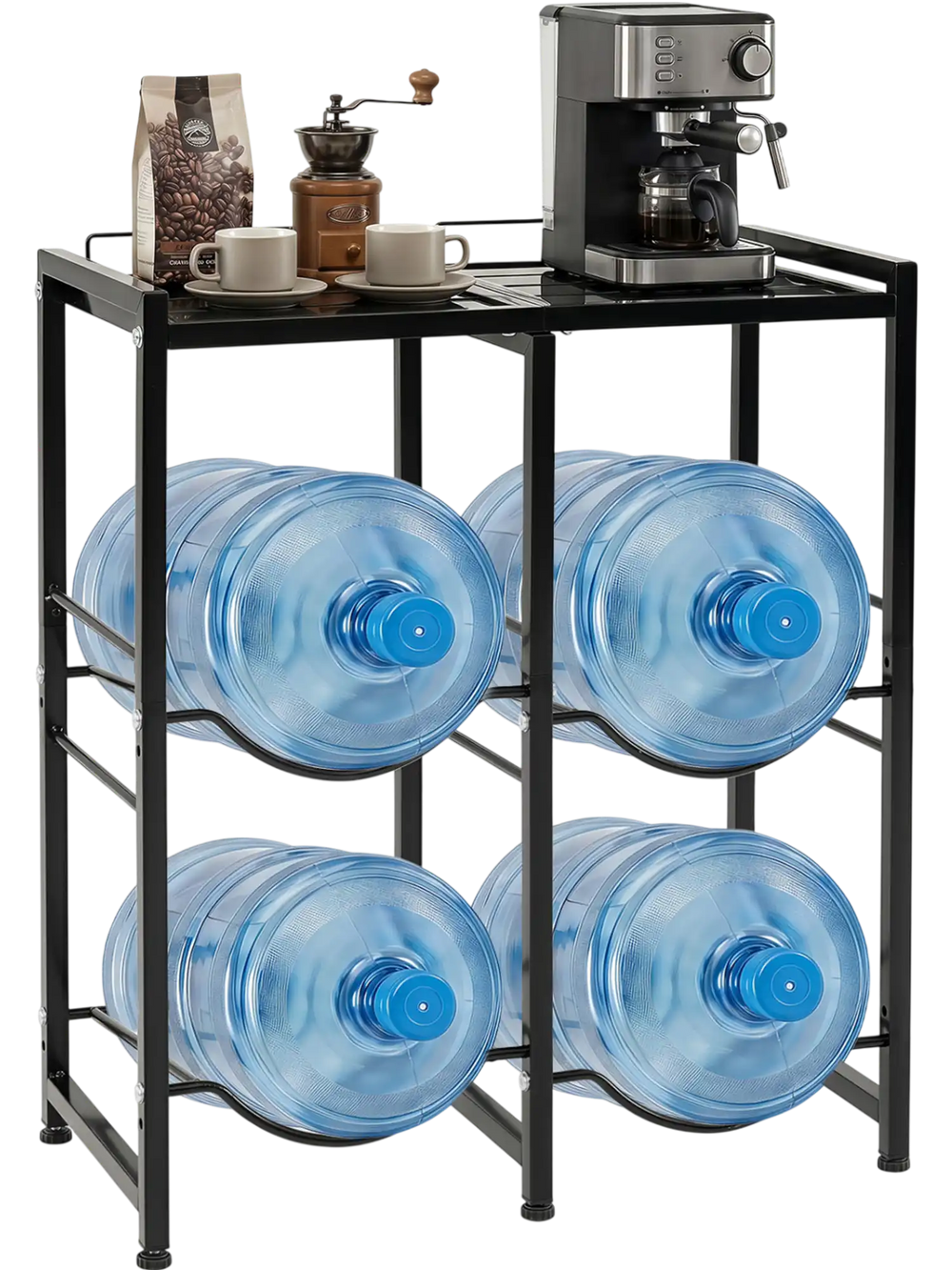 5-gallon water jug holder in black with space for 4 bottles and a top shelf for coffee essentials and appliances.