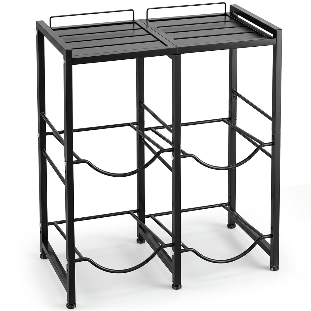 Sturdy black 5-gallon water jug holder for 4 bottles with slatted shelves and safety rails, ideal for home or office use.