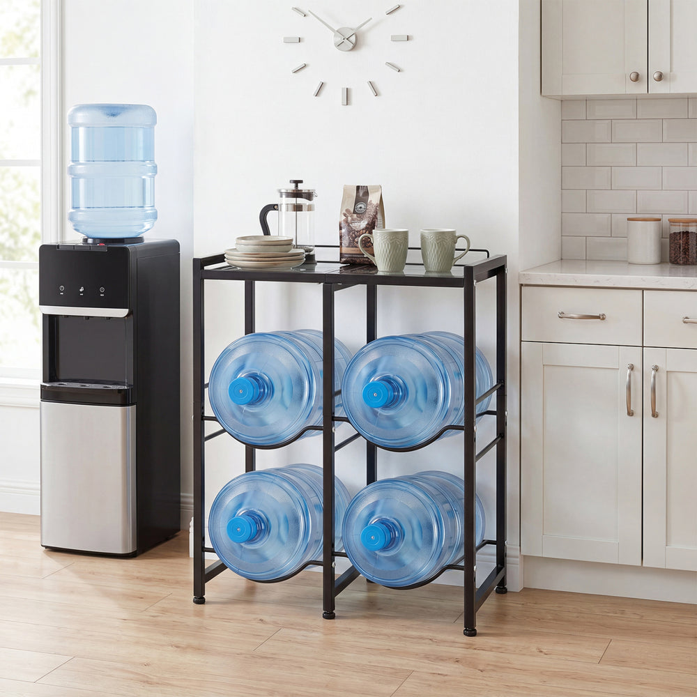 5-gallon water jug holder in black, designed to securely store up to 4 bottles with a heavy-duty carbon steel frame.