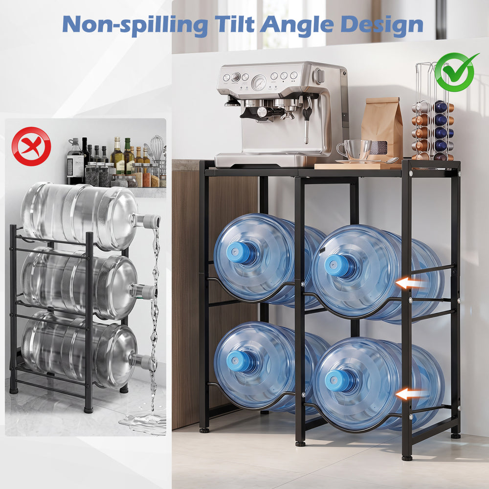 5-gallon water jug holder in black for 4 bottles, featuring a non-spilling tilt angle design and heavy-duty carbon steel frame.