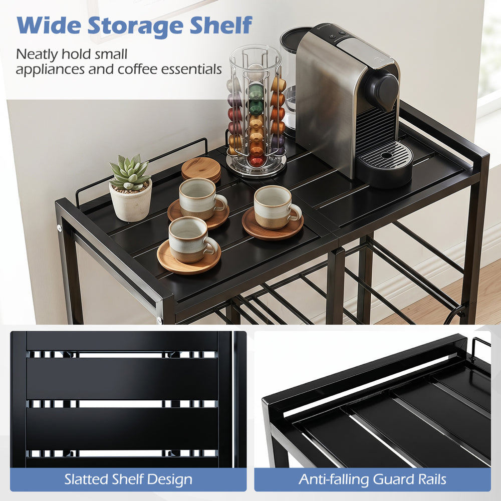 Wide storage shelf with slatted design and anti-falling guard rails for holding 5-gallon water jugs and coffee essentials.